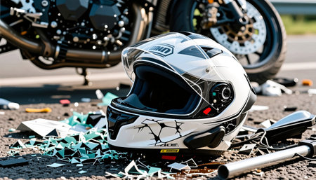 Motorcycle helmet with shattered glass on roadの写真素材