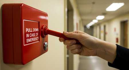 Hand pulling emergency alarm in corridorの素材
