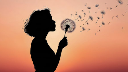 Woman blowing dandelion silhouette against sunset gradient backgroundの写真素材