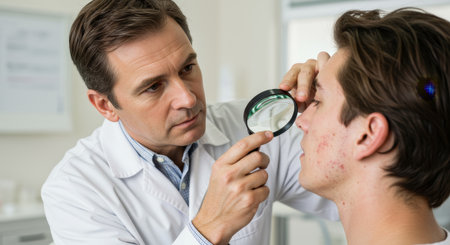 Doctor examining patient with magnifier indoorsの素材