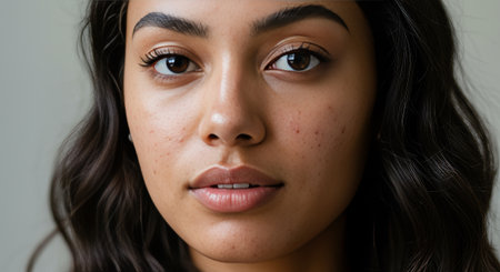 Woman with calm expression on neutral backgroundの素材