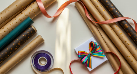 Gift wrapping supplies and ribbon with colorful gift box on solid white background.