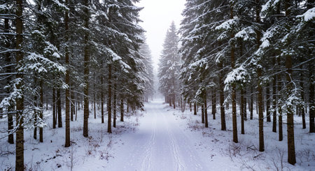 Snowy pine forest path in winter landscape with white background.