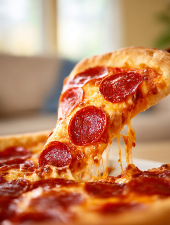 Pepperoni pizza on a wooden plate. Close-up.の写真素材