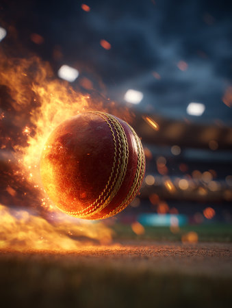 Cricket ball on the field at night. 3d renderingの写真素材