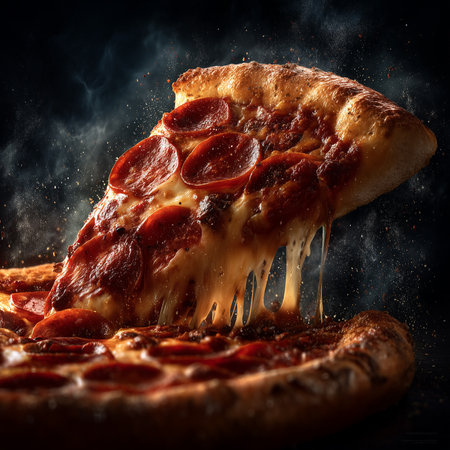 Pepperoni pizza with melted cheese on a black background with smokeの写真素材
