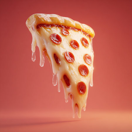 Pizza slice with melted cheese on a red background. 3d renderingの写真素材