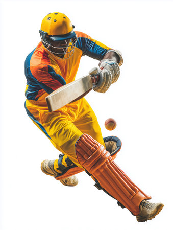 cricket player in action isolated on white background with clipping pathの写真素材