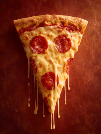 Pepperoni pizza slice on brown background. Top view.の写真素材