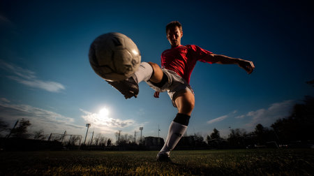 soccer player in action on the football field at night with sunsetの写真素材