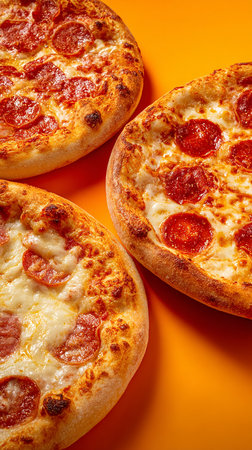 Pepperoni pizza with mozzarella cheese on orange background.の写真素材