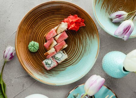 salmon sushi top viewの写真素材