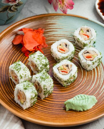 sushi with ginger and wasabiの写真素材