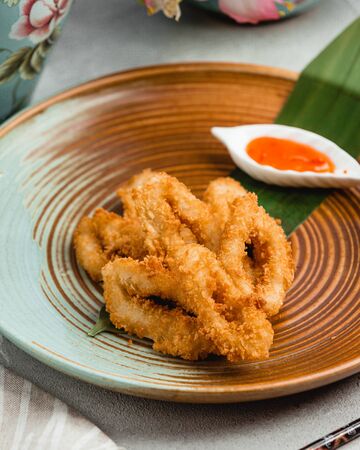onion rings with spicy sauceの写真素材