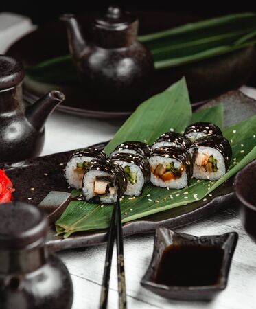 Sushi with rice fish and gingerの写真素材