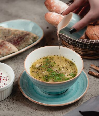 Azeri dushbere with dried mint and vinegarの写真素材