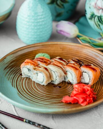 Sushi with special sauce ginger and wasabiの写真素材