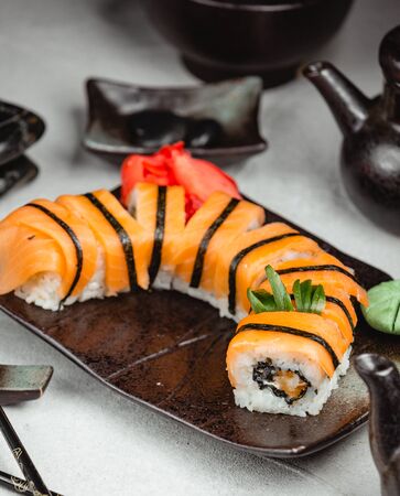 Tiger sushi with ginger and wasabiの写真素材