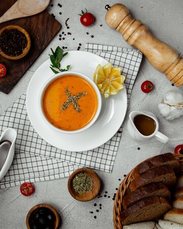 Lentil soup topped with dried mintの写真素材