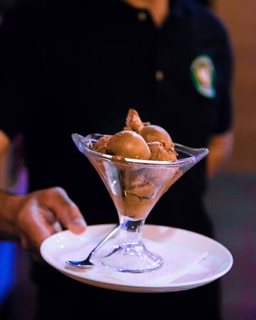 Chocolate ice cream served in glassの写真素材