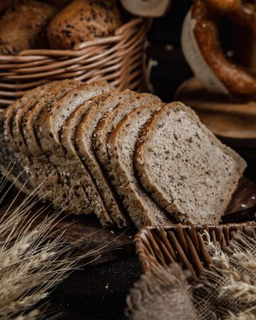 Sliced ââgray bread coated with grainsの写真素材