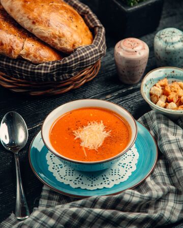 Tomato soup topped with cheese 1の写真素材
