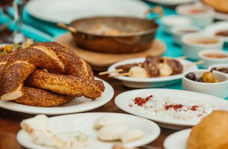 close up of simit pieces circular breads with sesame for turkish breakfastの写真素材