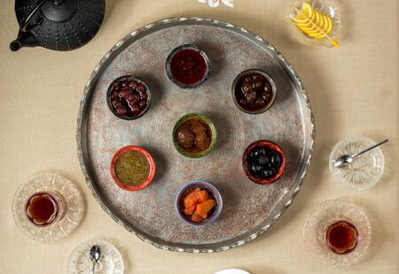 set of jams and black teaの写真素材