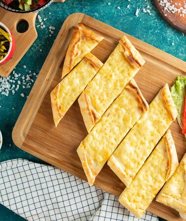 traditional turkish pide with cheese top viewの写真素材