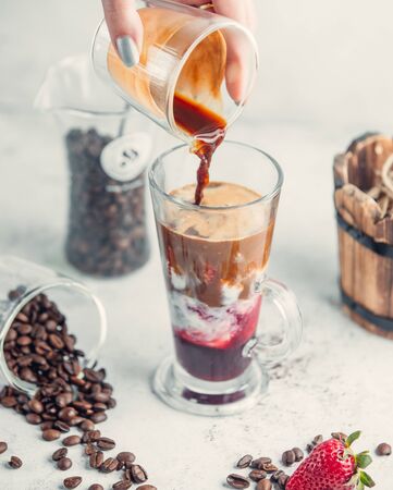 cocktail with coffee caramel and strawberryの写真素材