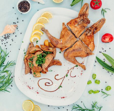 fried chicken tabaka with potatoes top viewの写真素材