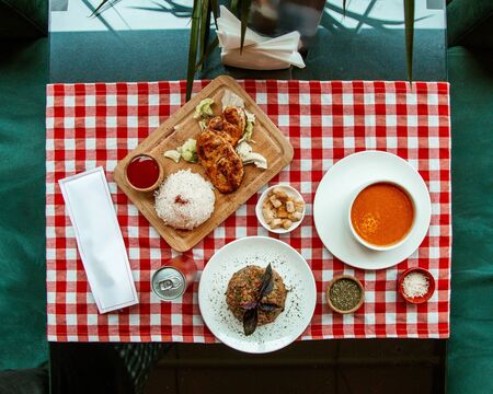 business lunch on the table top viewの写真素材