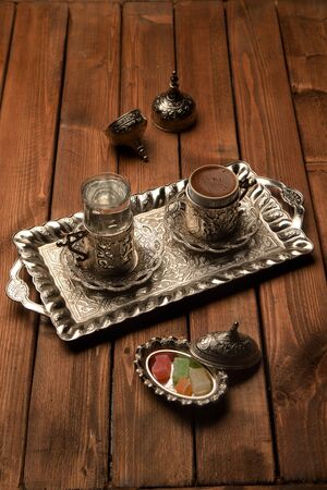 brewed coffee served with waterの写真素材