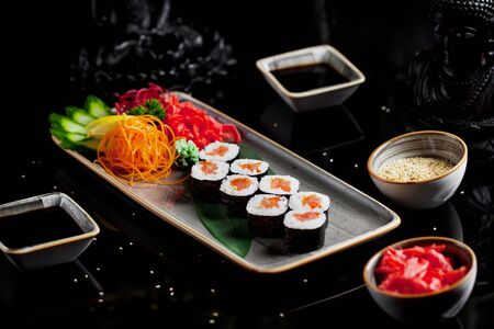 salmon sushi soy sauce and gingerの写真素材