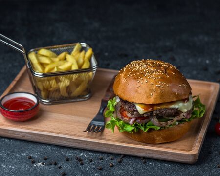 meat cheeseburger with onions and french friesの写真素材
