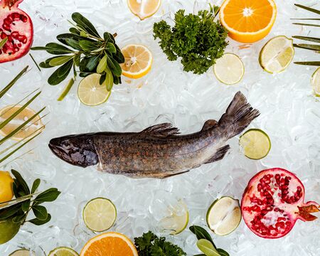 top view of raw fish placed on ice surrounded with