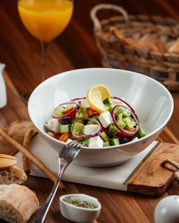 vegetable salad with feta cheese and onionの写真素材