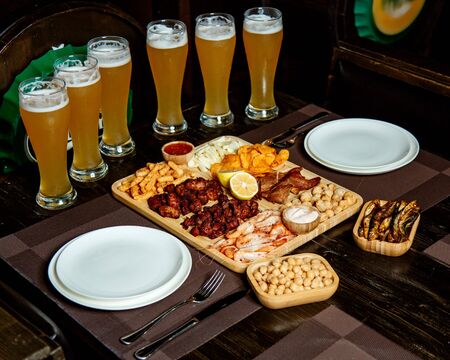 beer set with lots of beer and snacksの写真素材