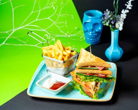 club sandwich with french friesの写真素材