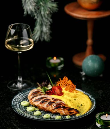 fried chicken breast with potato pureの写真素材