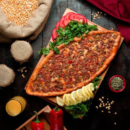 meat pide on the table top viewの写真素材