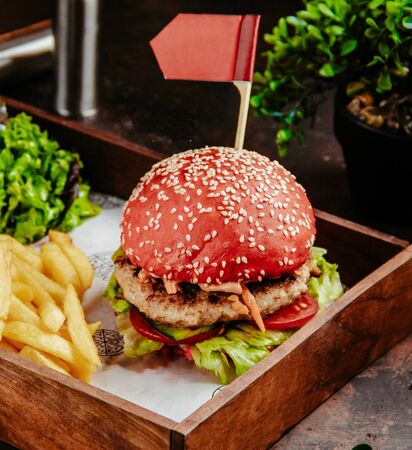 red hamburger with french friesの写真素材