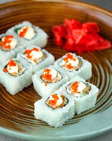 rice sushi with cream and sauceの写真素材