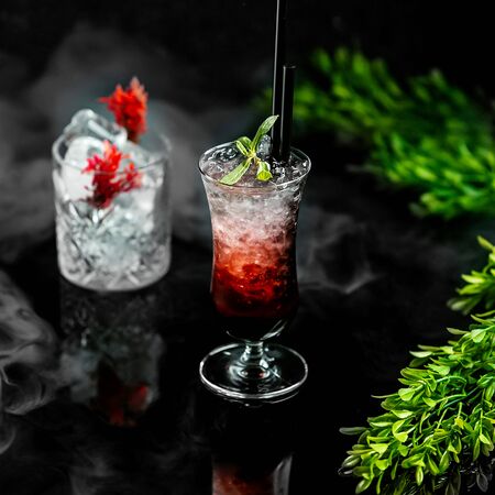strawberry mojito with mint on the tableの写真素材