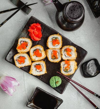 sushi set on the table top viewの写真素材