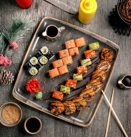 sushi set with wasabi and ginger top view _の写真素材