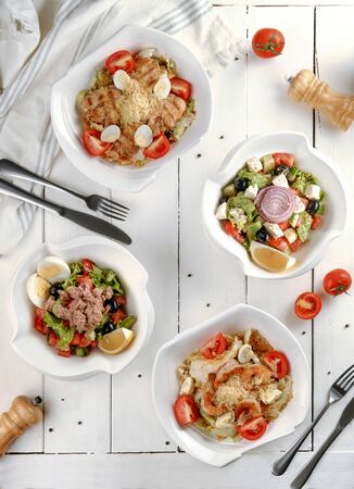 various salads on the table top viewの写真素材