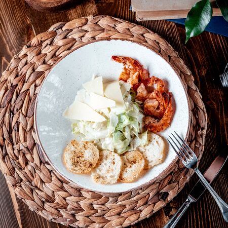 prawns caesar salad top viewの写真素材