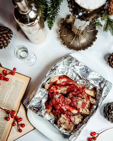 boiled chicken topped with ketchupの写真素材