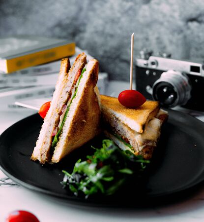 club sandwich with tomato on top and herbsの写真素材